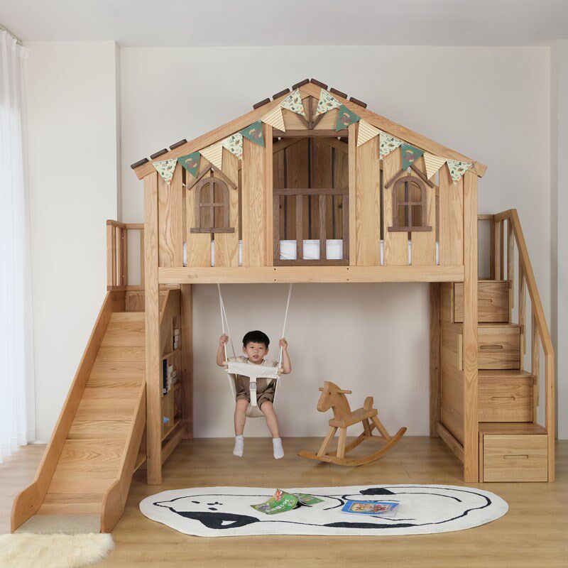 罗拉小屋树屋床儿童滑梯双层床上下铺高低床全实木男孩女孩城堡床