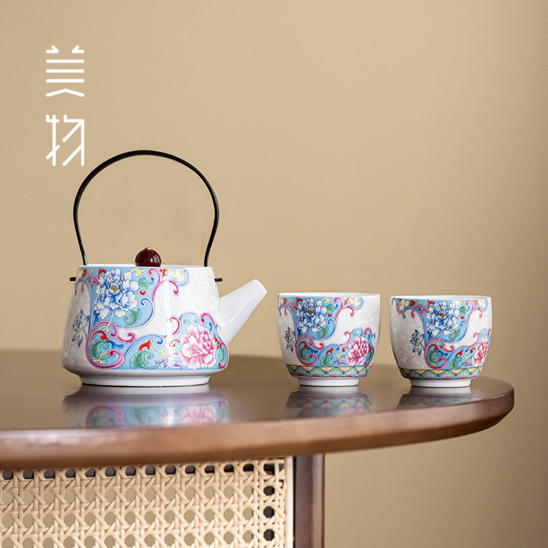 掐丝珐琅彩牡丹提梁壶扒花高档中式陶瓷防烫泡茶壶家用功夫茶具