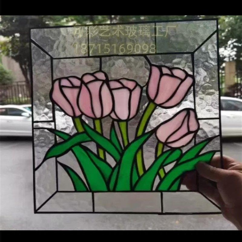 定制彩绘立线工艺教堂彩色玻璃门窗隔断门芯吊顶郁金香透光中式风
