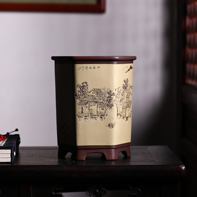 紫砂花盆蒯多辉手工刻绘手工通转山水江南小桥流水精工兰花盆兰盆