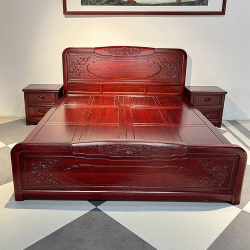 北方老榆木实木双人床中式明清仿古雕花婚床主卧高箱抽屉民宿家具