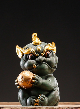 中式青砂石招财喜狮迎门桌面茶宠摆件家居客厅石狮子鱼缸装饰礼品