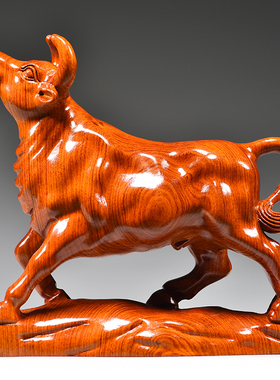 花梨实木质雕刻牛摆件动物生肖牛气冲天红木家居吉祥物装饰工艺品