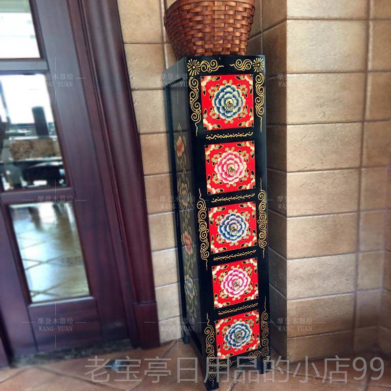 正品彩绘家实木边柜单CD柜手绘中式仿古柜储物斗收纳柜尺寸具可订