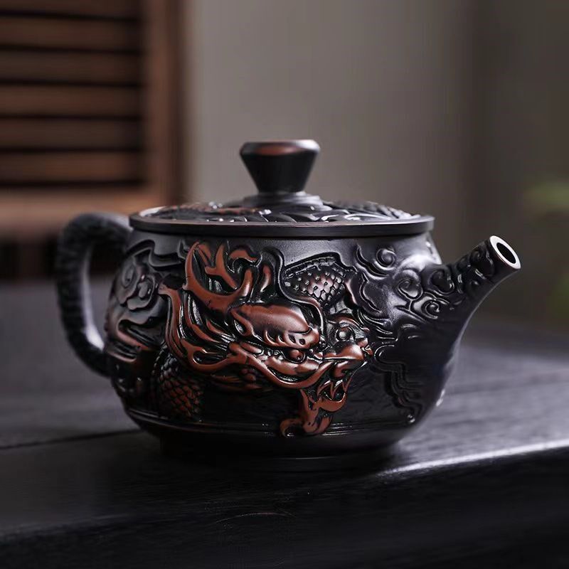 新款紫陶茶壶全手工凤鸣行天下旋转功夫茶具汉瓦家用泡茶壶套装