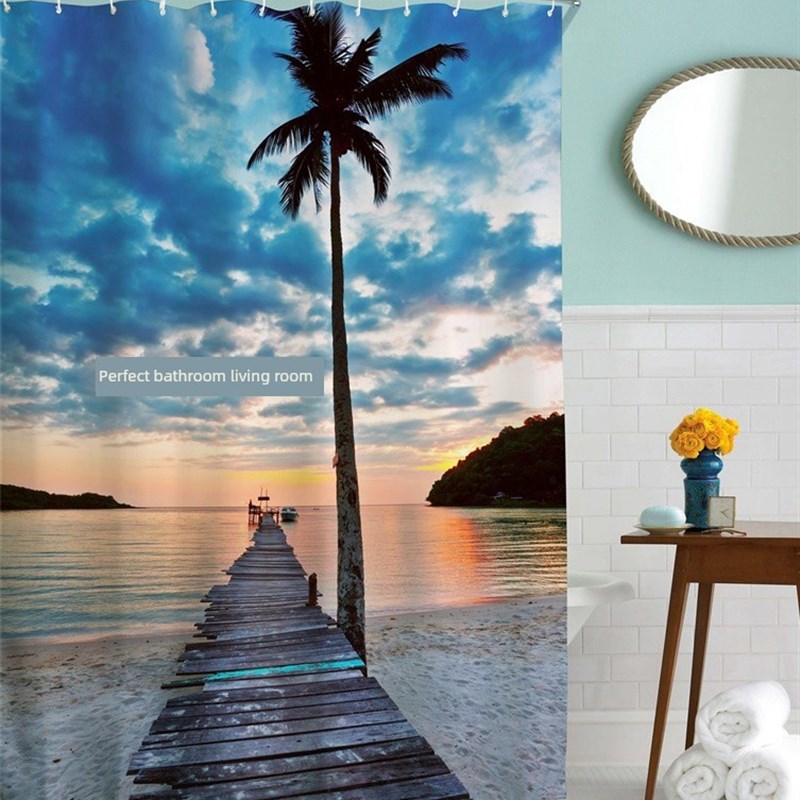 高清数字浪漫栈桥浴室防水防霉加厚浴帘织物定制浴室淋浴隔断