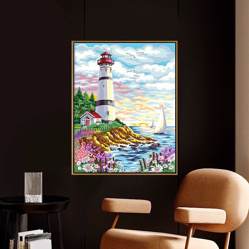 diy数字油画手工填色风景丙烯治愈油彩装饰手绘客厅填充灯塔日出