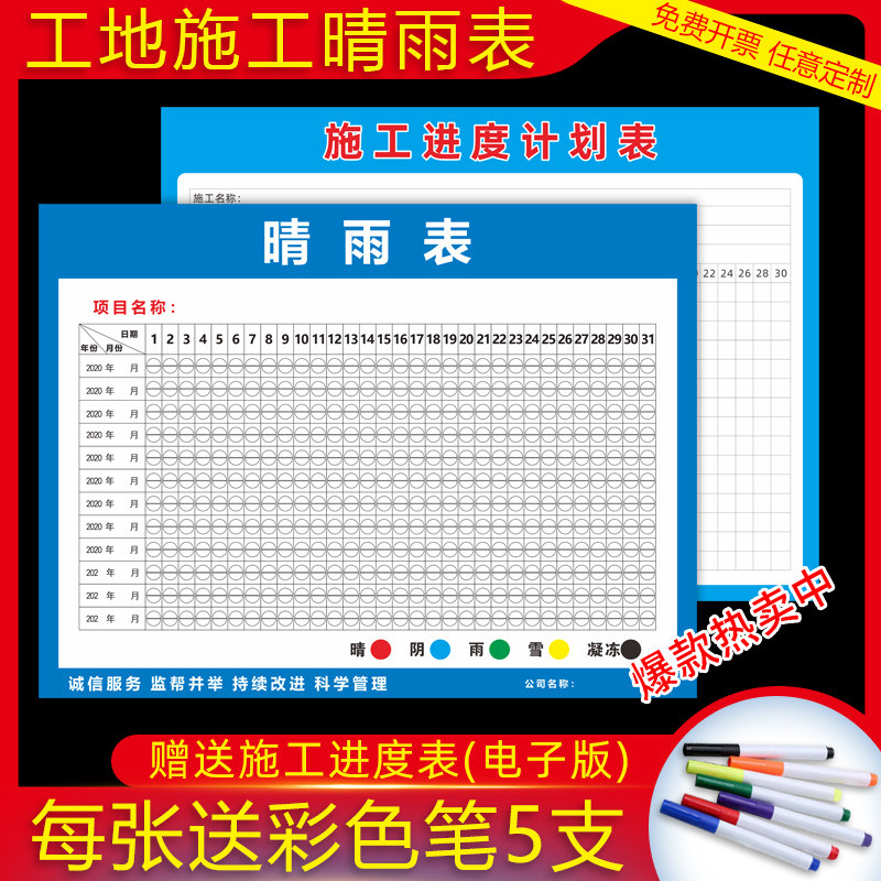 工地施工晴雨表进度表通用八大员岗位职责建筑工程施工天气贴纸办