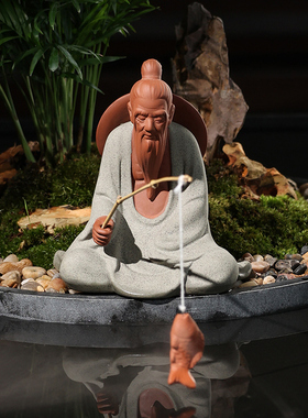 中式姜太公钓鱼大号陶瓷盆栽微景观人物渔翁摆件鱼缸桌面造景装饰