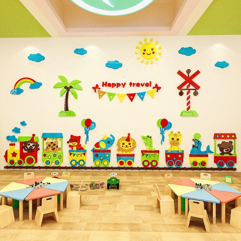 卡通火车儿童房3d立体墙贴纸画学校班级文化墙布置幼儿园墙面装饰