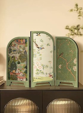 屏风摆件中古风花鸟复古高级感客厅入户玄关柜摆台画电视柜装饰画