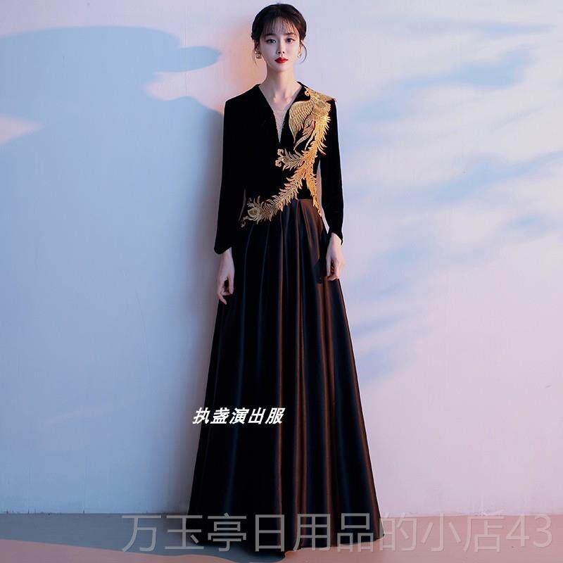 高档黑表演服装优雅优的成人妇女长裙20雅25新中风主办国合唱比色