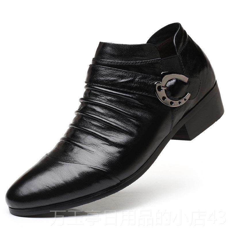 高档防臭头尖层皮鞋男士商务休闲真皮英伦头套牛脚发型师韩版婚鞋