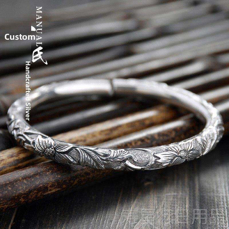 正品民族风99圆足银纯工云南雪花银满雕莲花银镯个柱性女款纯银手