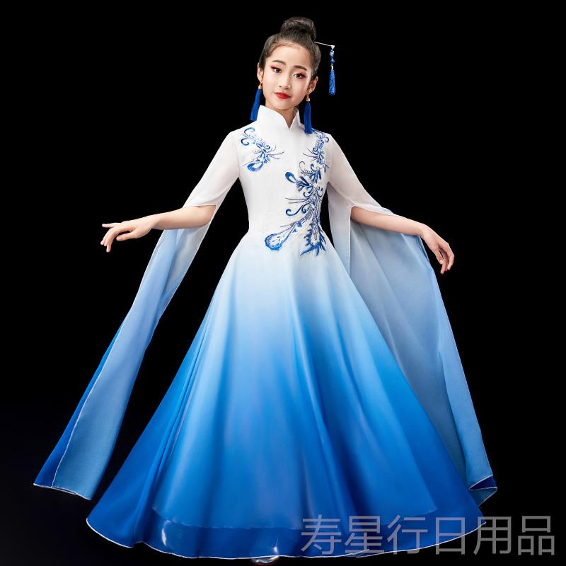 正品笛女童中风中大童飘筝逸水袖儿童古演出服汉国服长钢琴长裙表