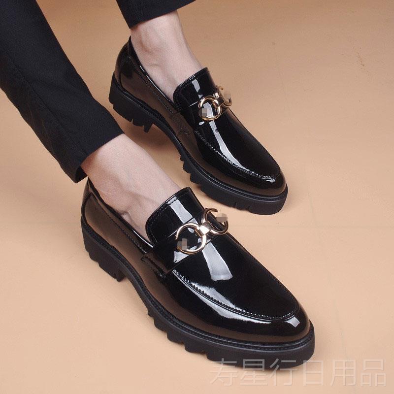 正品尖头鞋 男韩版厚底内增高布洛克潮作鞋子一脚蹬漆皮商务休闲