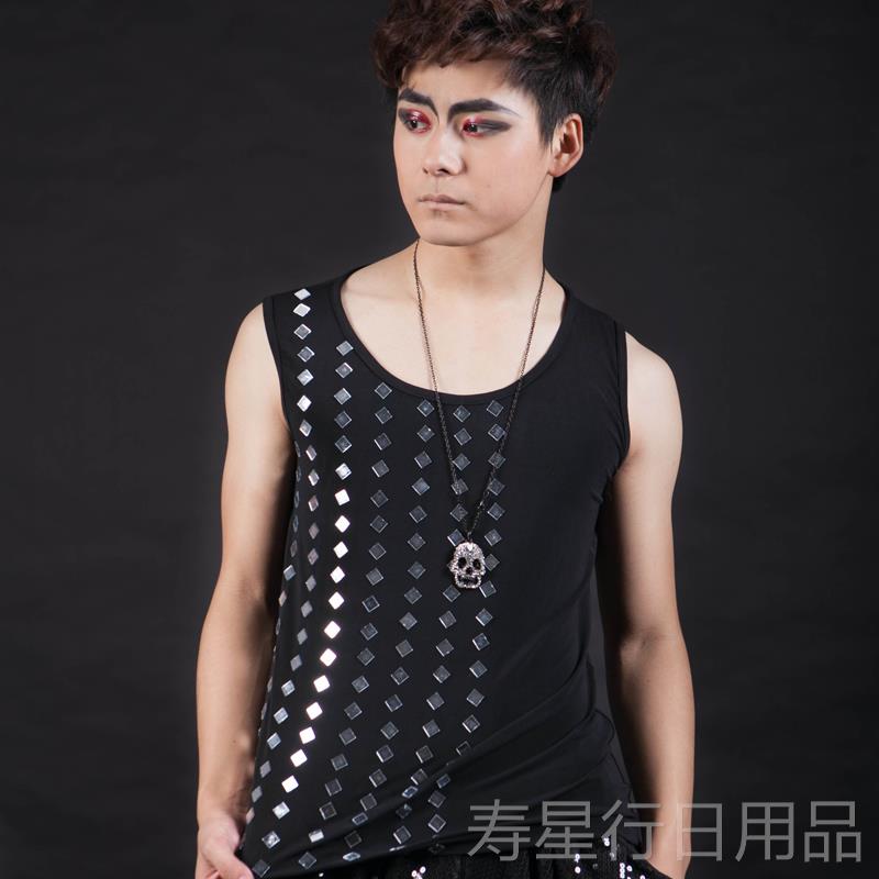 正品酒夏季亮片背心男汗衫夜店潮男吧男歌手dj持主s舞台d演出服镜