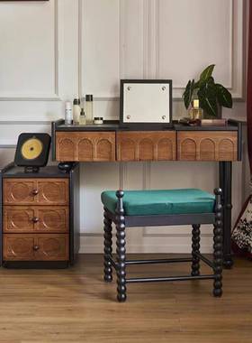 法古实木梳妆台风卧室复斗柜一体收纳式书桌中古翻盖梳UTF妆镜化