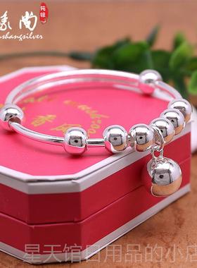 正品银手镯面99纯银镯子女款日银韩版足简约时尚铛手镯光送女友铃