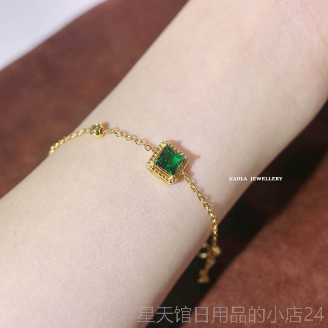 正品祖母绿方糖手镯妇女的黄金纯银母绿方单石手镯祖轻钻豪华法覆