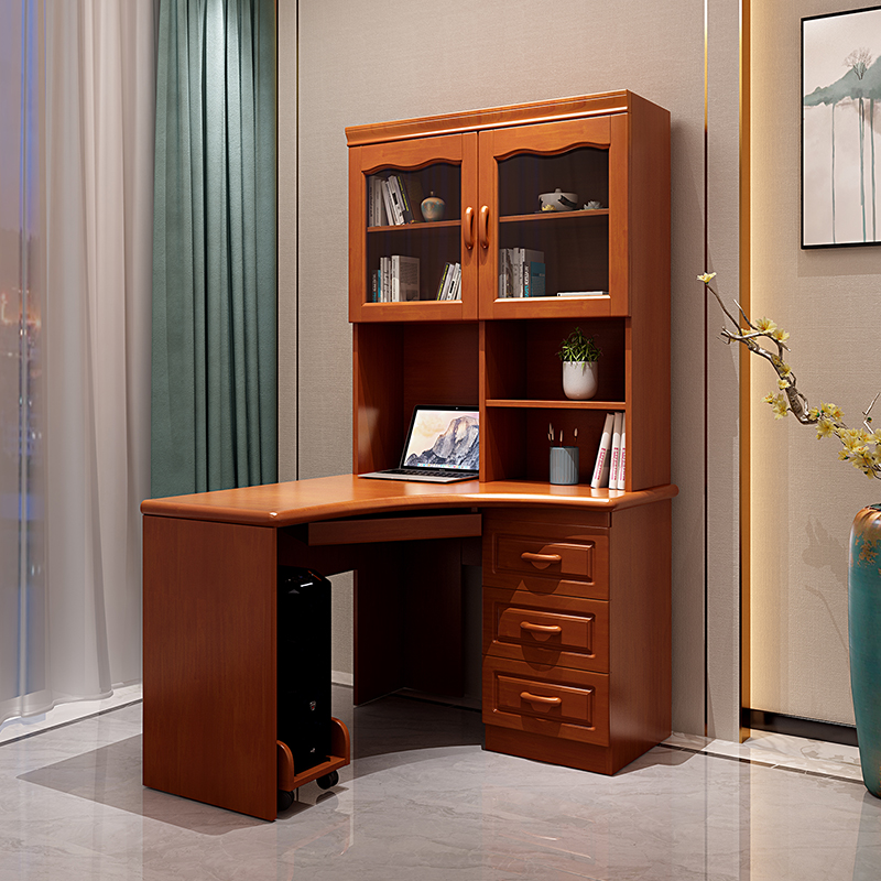 中式实木转角书桌书柜一体家用台式电脑桌1.2米写字桌带书架