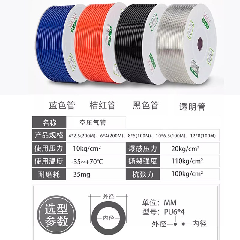气动PU气管软管空压机高压/8/10//1/1mm100米-200米气泵管子