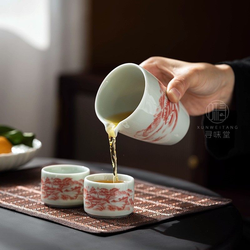 仿古泥矾红公道杯山水釉下彩茶海复古分茶杯陶瓷功夫茶具匀杯