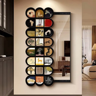 中古风隐藏式全身镜装饰画可推拉入户客厅镜子画穿衣镜挂画高级感