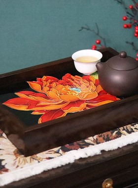 23*33老榆木托盘手工镶嵌瓷板画收纳茶台桌摆装饰工艺礼品