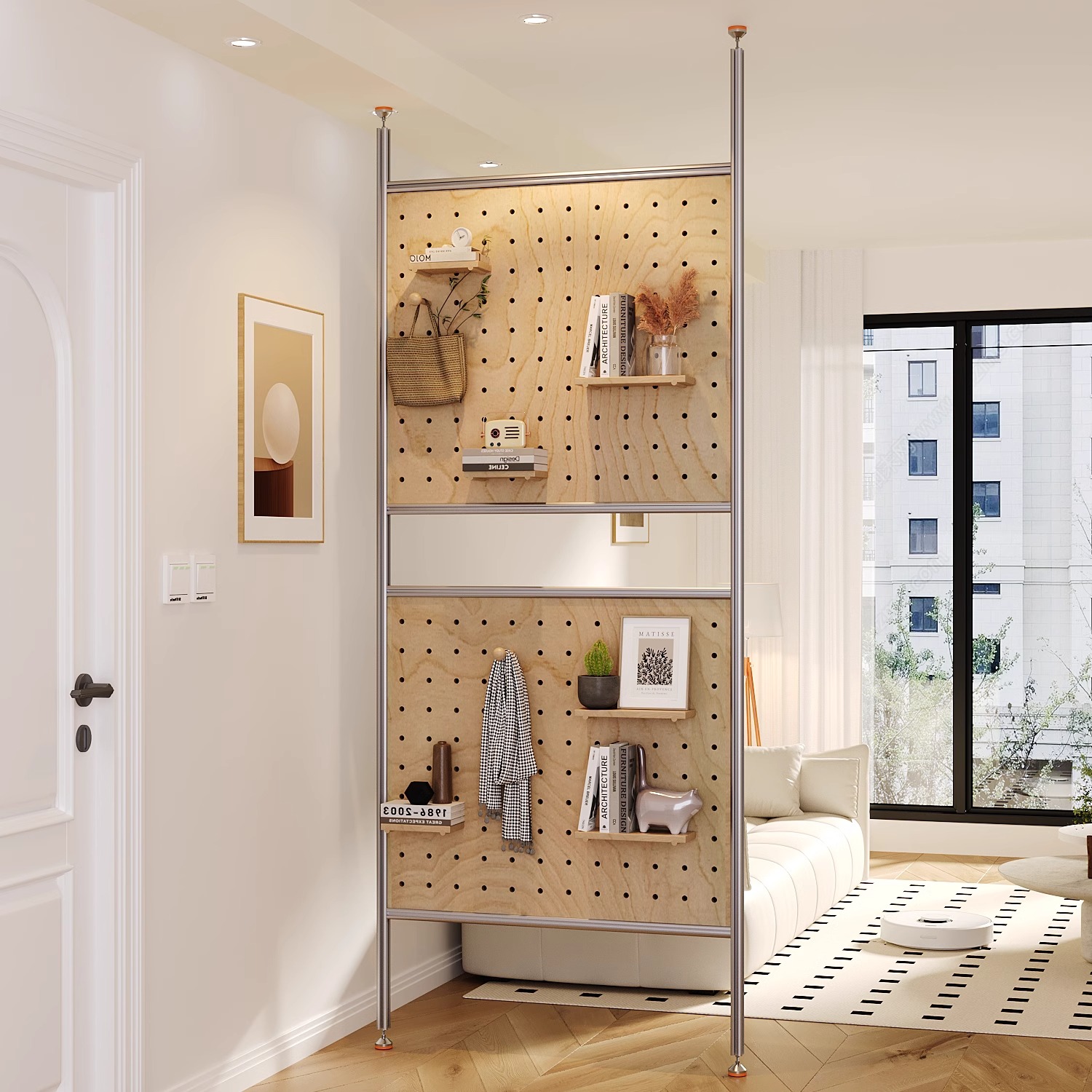 铝型材桦木海洋板洞洞板屏风免打孔置物架顶天立地收纳手办展示架