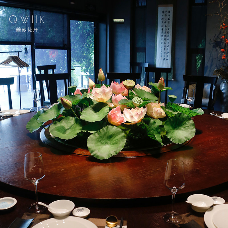 酒店餐厅圆桌中间转盘仿真花摆件餐桌花摆花茶室茶楼高档假花摆设