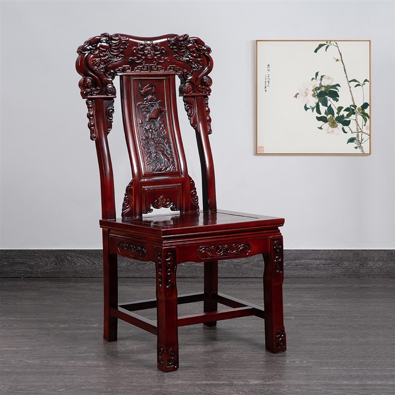 全实木古典大象头红木色靠背椅中式仿古餐桌酒店家用餐椅工厂直销