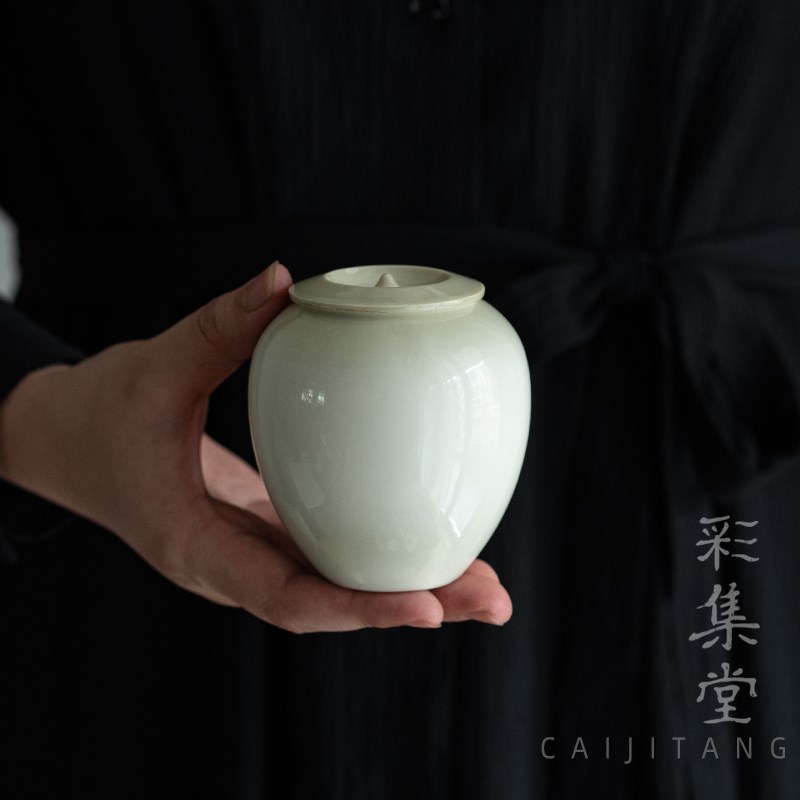 彩集堂 草木落灰暖黄醒茶罐 透气小号茶叶罐桌面小茶仓陶瓷储藏罐