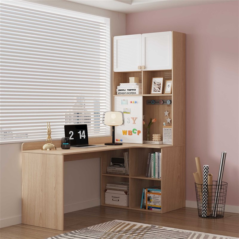 可比熊实木转角书桌书柜一体小户型家用电脑桌学生学习桌儿童书房