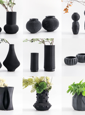 3D打印陶瓷黑色花瓶摆件几何异形不规则纯色花器花盆软装饰品搭配