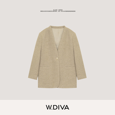 W.Diva【温莎晨光】意大利进口羊驼毛粗花呢V领毛呢外套54C252527