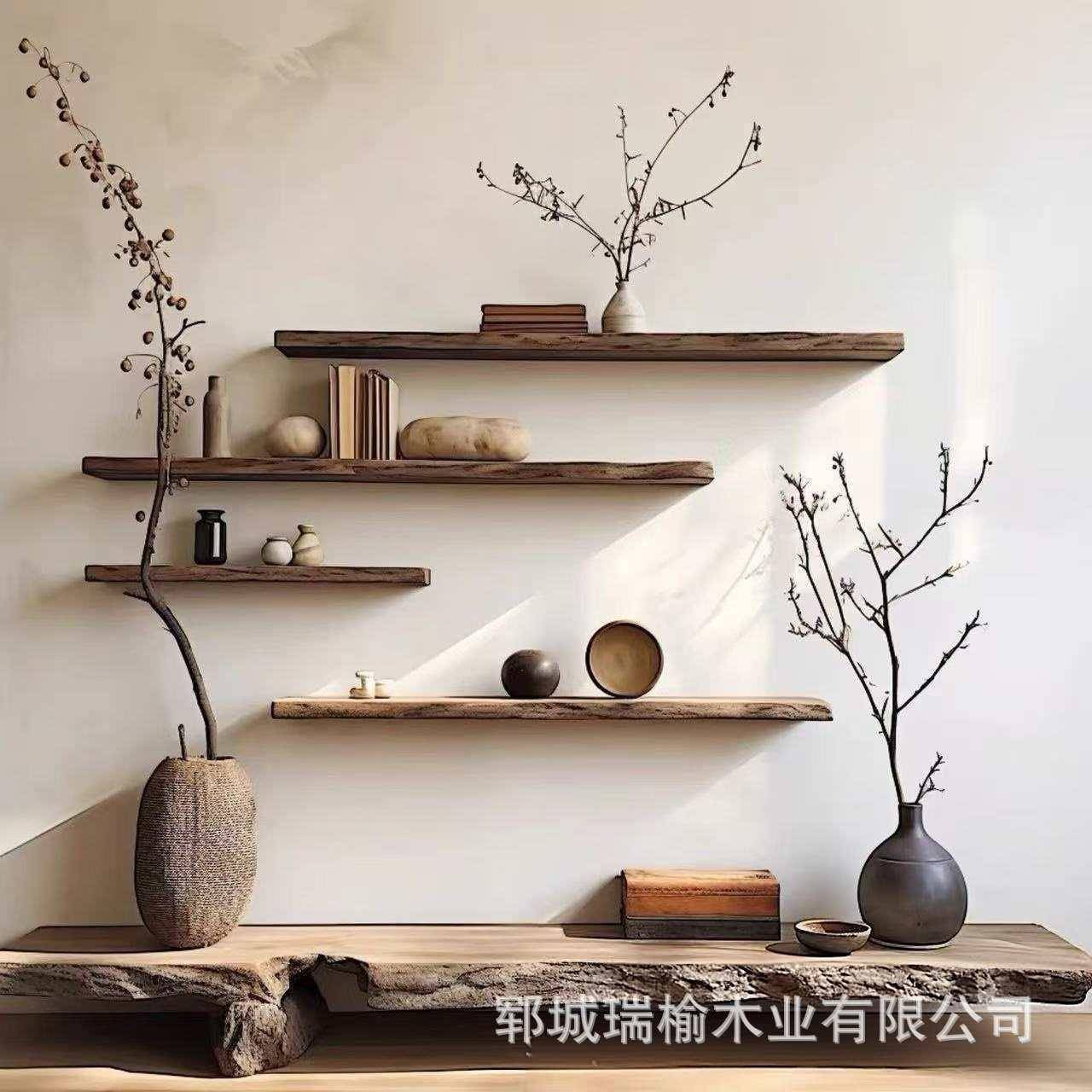 老榆实木壁挂墙装木实木隔板架上壁挂花盆景观摆件收架客厅民宿纳
