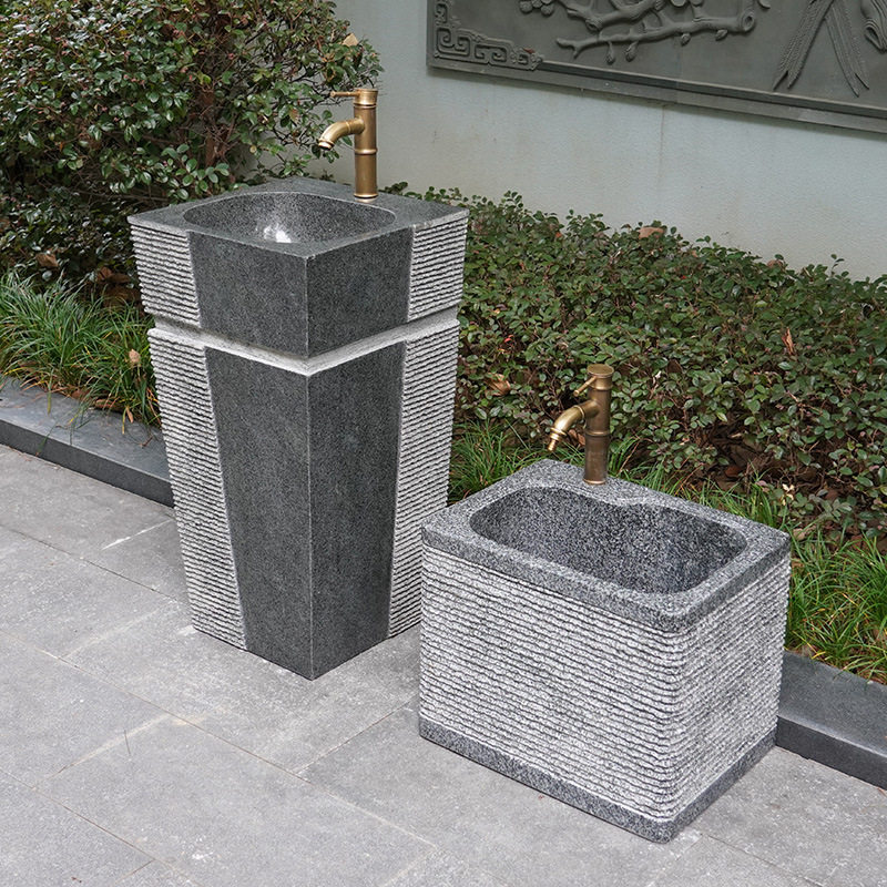 天然石材洗手台盆一体庭院石头水池户外大理石立柱盆艺术石雕复古