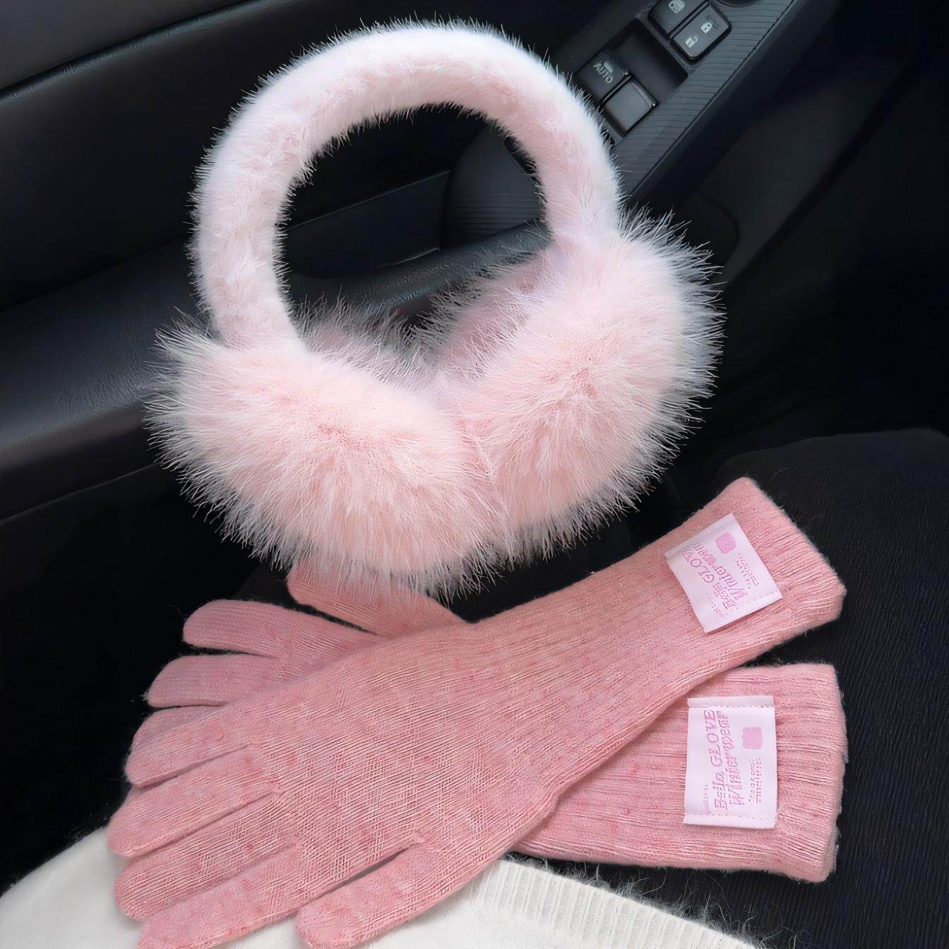 敲温柔的粉色~韩系气质粉氛围感毛绒耳罩针织手套毛茸茸防风保暖