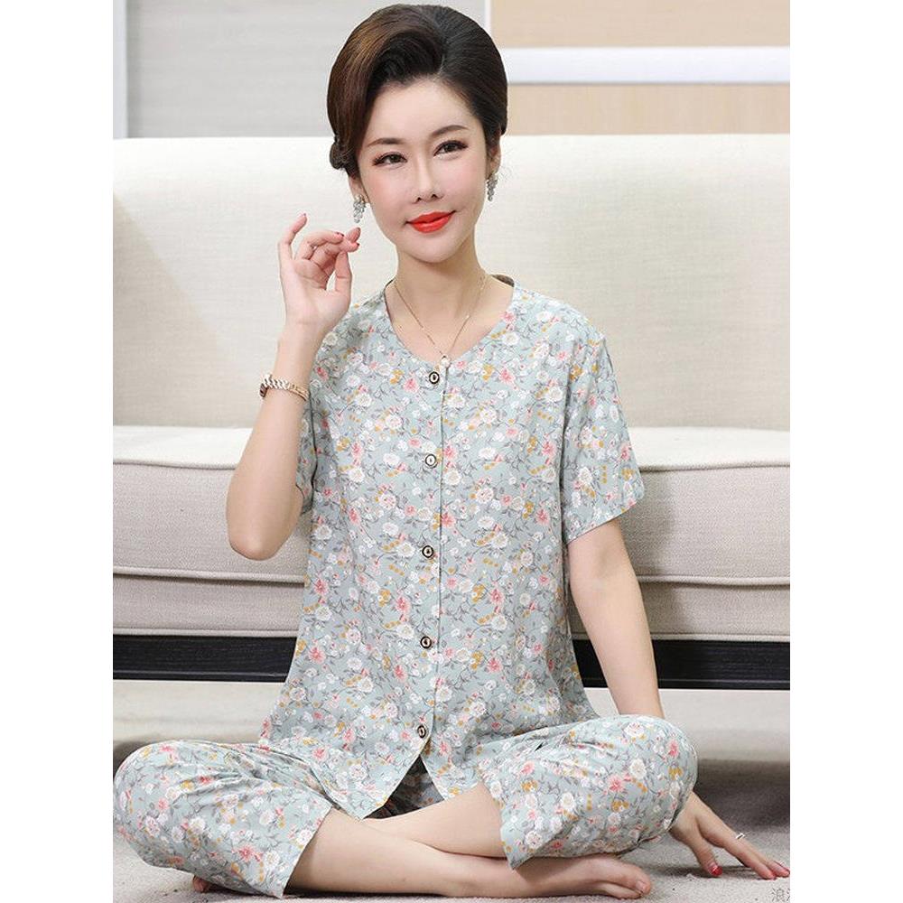 高档睡衣女装夏季短袖开衫绸薄款妈妈中老年可外穿家居服套装