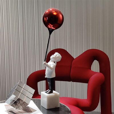 拿红气球男孩雕塑样板间客厅玄关大理石人像摆件极简现代软装饰品