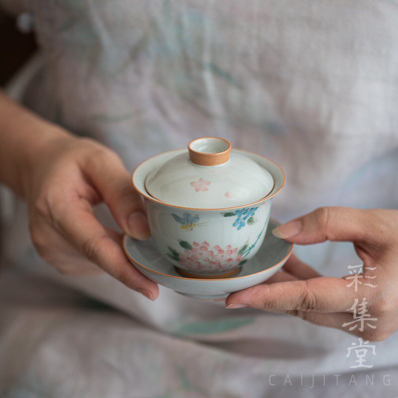 彩集堂 手绘绣球花三才盖碗仿古釉下彩茶具茶碗小号家用盖杯泡茶