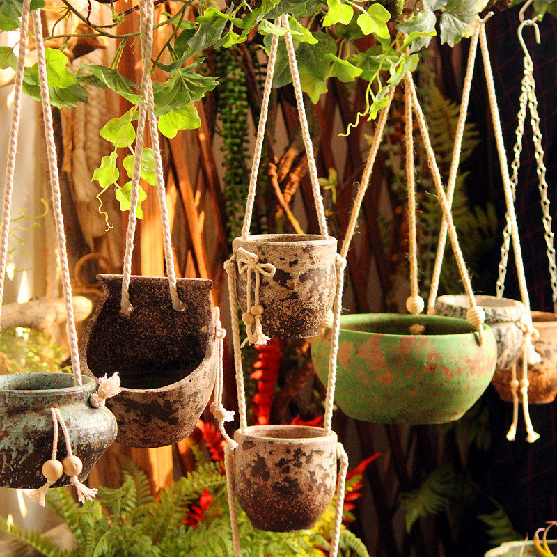天朗星家居 田园悬挂粗陶花盆做旧复古陶罐花器壁挂陶器悬吊花盆