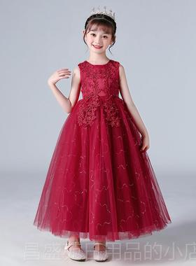 高档儿童婚礼服裙蓬纱蓬红色生日主公持主裙中童大童女六一钢琴演