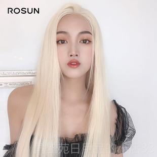 高档前蕾万用假发cos白金色丝发女全头套式 欧美无假痕中长时发自