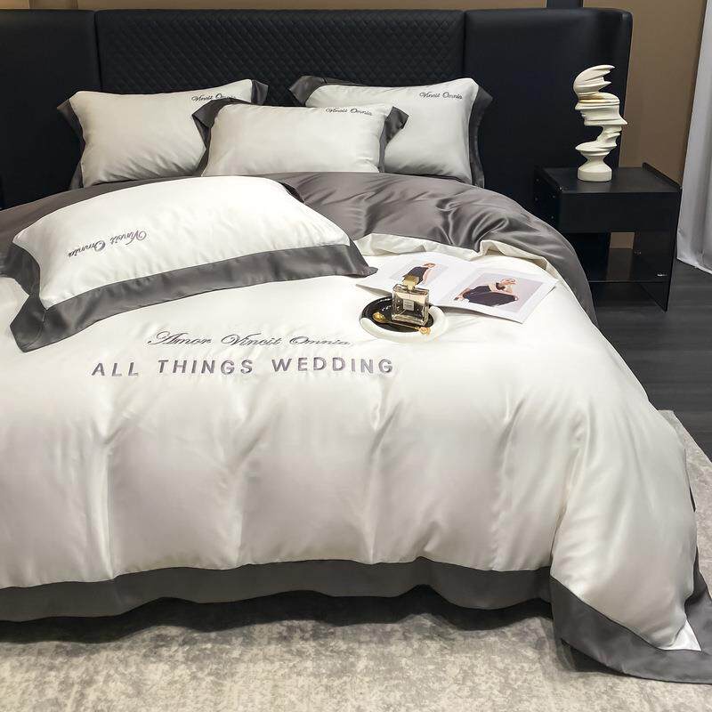 新款仿真丝字母刺绣四件套春夏冰丝床单被套裸睡床上用品纯色简约