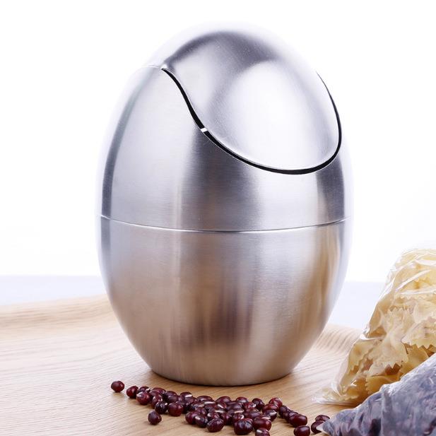 不锈钢桌面垃圾桶蛋型创意摇盖办公桌收纳桶厨房餐桌清洁垃圾筒