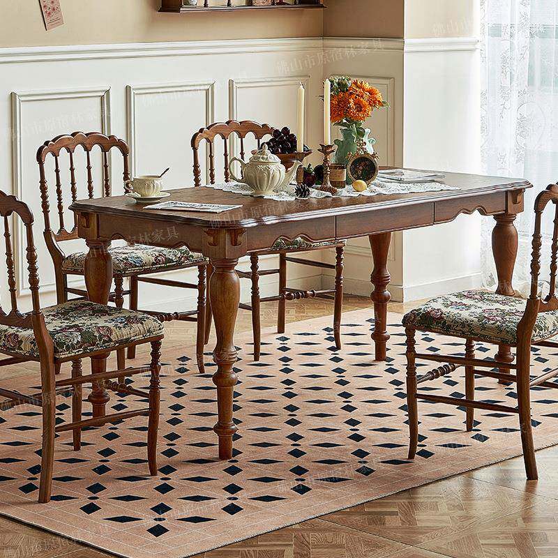 美式实木餐桌长方形家用复古桌椅组合木质小户型法式中古饭桌