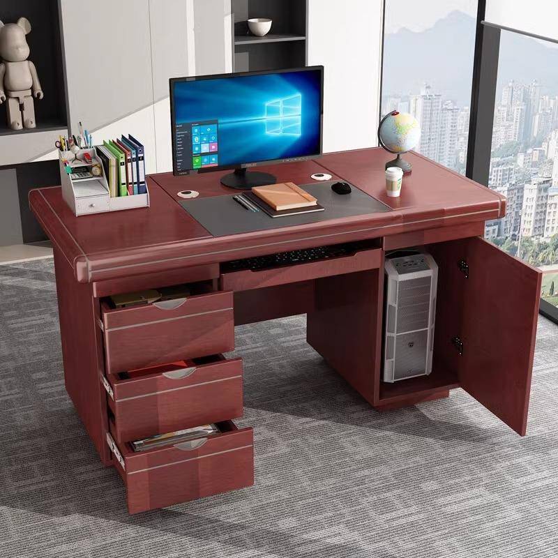 贴木皮油漆办公桌中式实木职员单人电脑桌带抽屉带锁办公室老板桌
