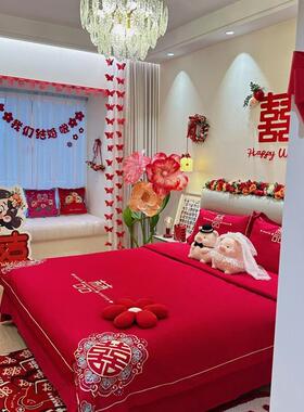 140支公主风长绒棉结婚四件套红色棉床单婚庆陪嫁床上用品aω